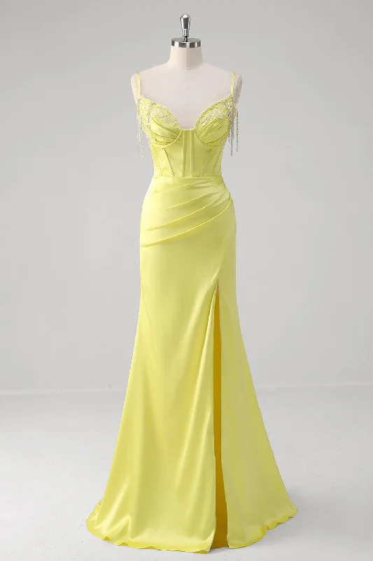 Off-shoulder Dresses for Feminine -Yellow Mermaid Corset Spaghetti Straps Long Prom Dress With Slit