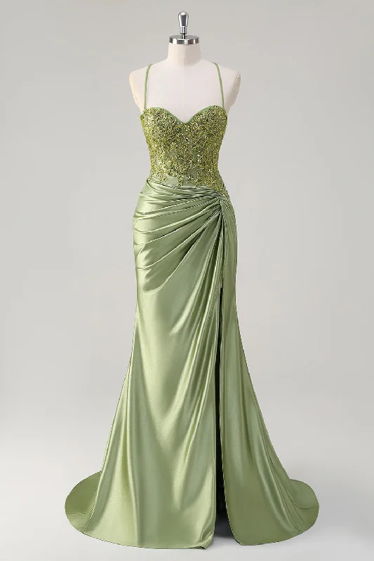 Mini Dresses for Youthful Look -Sparkly Army Green Mermaid Corset Long Prom Dress with Slit