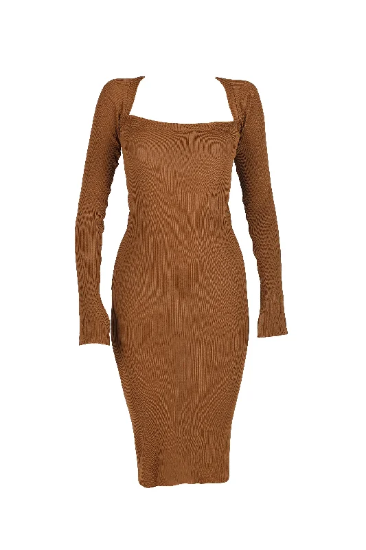 Pencil Dresses for Slimming -Brown ribbed bodycon dress