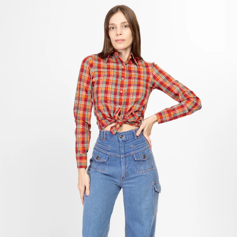 Ruffled Blouses for Girly -XXS-XS 70s Red Plaid Collared Shirt Petite