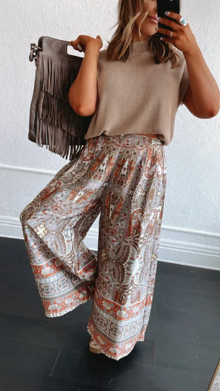 Comfortable tight trousers for women with soft cotton fabric and stretch -Boho Paisley Satin Wide Leg Pant