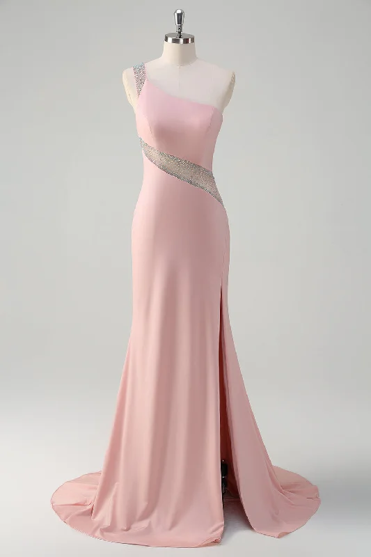 Short-sleeved Dresses for Summer -Sparkly Light Pink Mermaid One Shoulder Beaded Satin Long Prom Dress with Slit