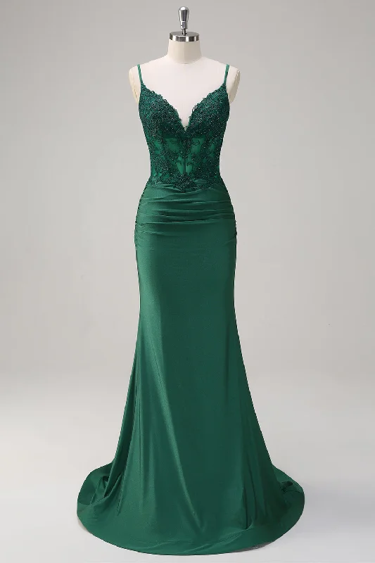 Gray Dresses for Subtle -Dark Green Mermaid Spaghetti Straps Ruched Satin Long Prom Dress with Beading