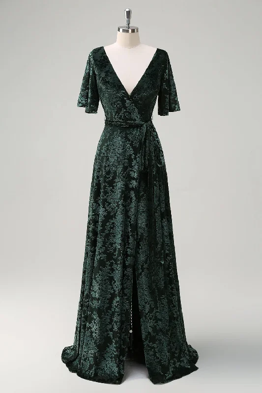 Hippie Dresses with Beads -Dark Green A Line V-Neck Burnout Velvet Floral Long Bridesmaid Dress