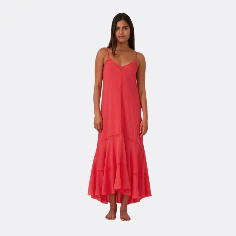 Red Dresses for Statement -Sleeveless High-Low Lace Maxi Dress (Hibiscus)