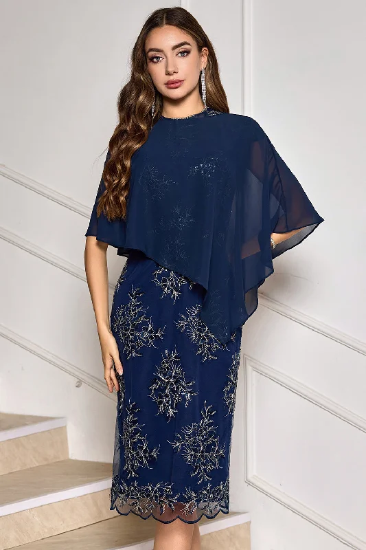 Indian Dresses with Intricacy -Navy Sheath Tea Length Appliqued Mother of the Bride Dress with Wrap