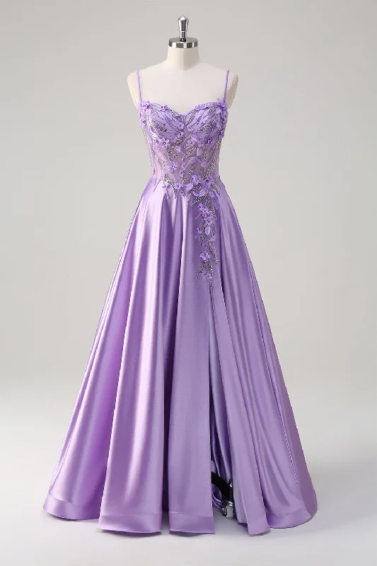 Solid Color Dresses for Simple -Purple A Line Spaghetti Straps Floral Long Prom Dress with Slit