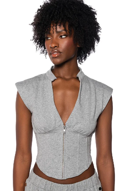 Beach Blouses for Vacation -LONDYN SLEEVELESS ZIP UP CORSET SWEATSHIRT IN GREY