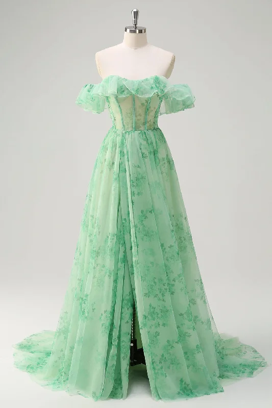 Strapless Dresses for Glamorous -Green A Line Off The Shoulder Corset Ruffled Print Long Prom Dress with Slit