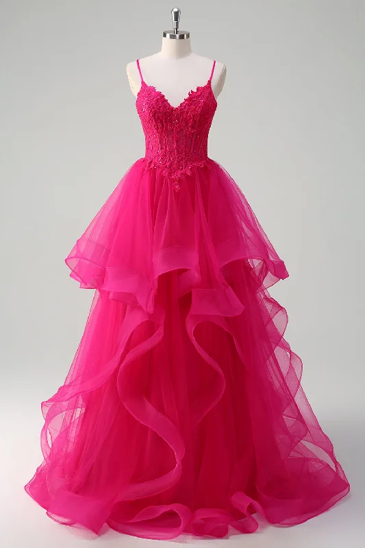 Elastic Dresses for Fit -Hot Pink Appliques Corset Spaghetti Straps A Line Spiral Ruffles Prom Dress