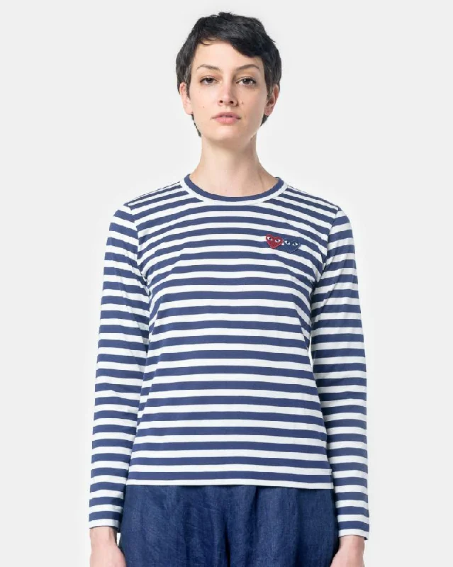 Elastic Shirts for Flex -Long Sleeved Striped T-Shirt with Red Heart in Navy/White