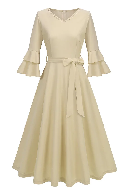 One-shoulder Dresses for Trendy -Apricot A-Line V-neck Half Sleeves Midi 1950s Dress