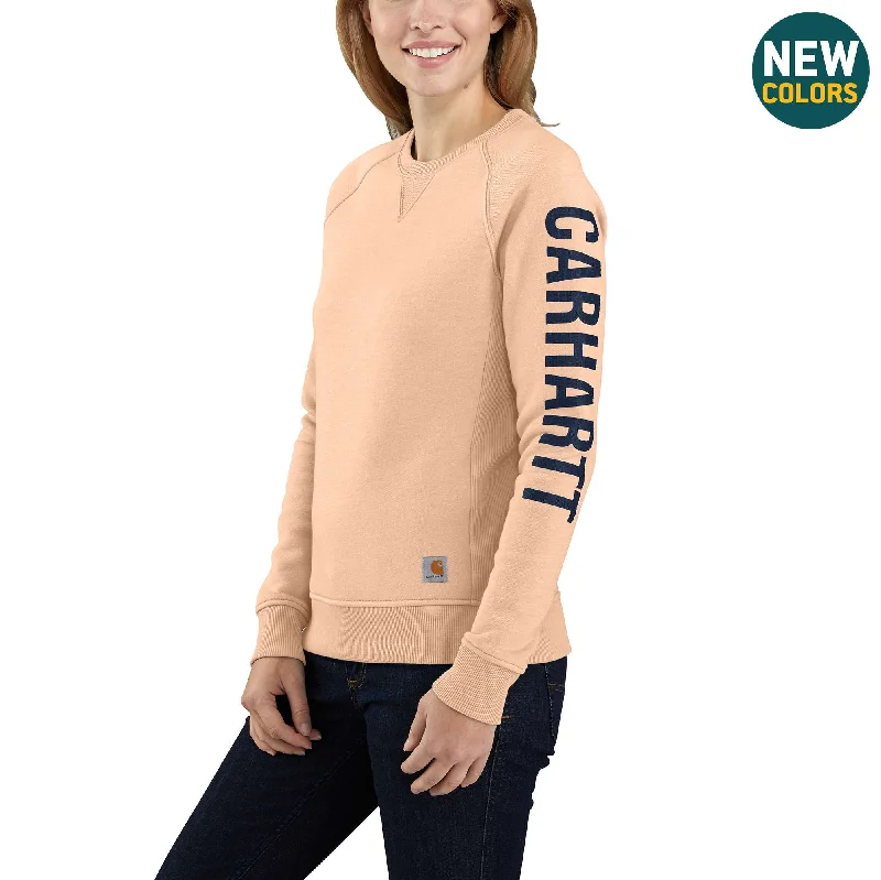 Heavy Duty Blouses for Durable -Women's Relaxed Fit Midweight Crewneck Block Logo Sleeve Graphic Sweatshirt