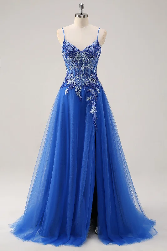 Shift Dresses for Simple Look -Royal Blue A Line Spaghetti Straps Corset Tulle Prom Dress With Embroidery