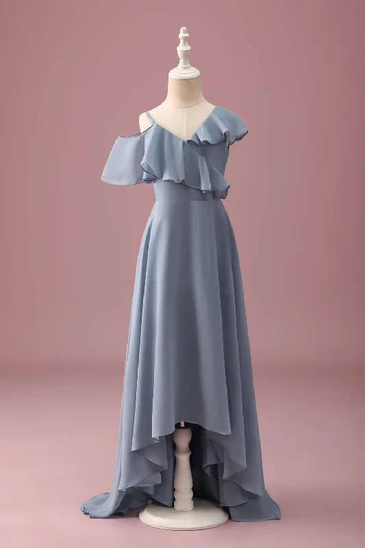 Belted Dresses for Shaping -Grey Blue V-Neck A-Line Chiffon High Low Junior Bridesmaid Dress