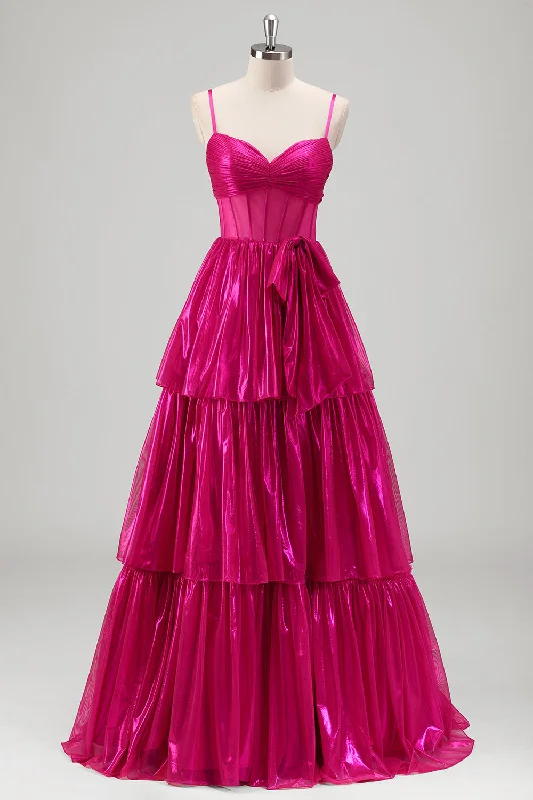 Beach Dresses for Coastal -Sparkly A Line Fuchsia Corset Tiered Spaghetti Straps Metallic Prom Dress