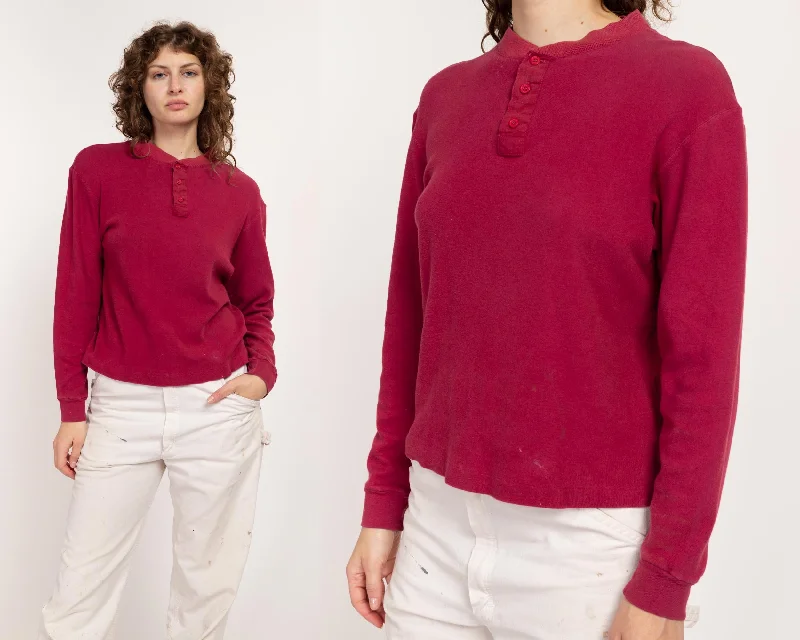 Off Shoulder Blouses for Sexy -Med-Lrg 80s Wine Red Cotton Henley Shirt Unisex