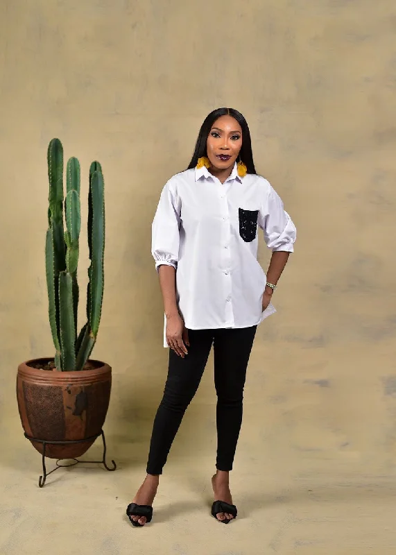 Petite Blouses for Small -Aimas Kandake white Shirt with lace pocket detail and a woman image at the back