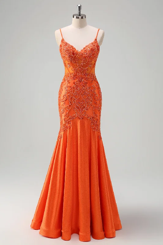 Casual Dresses for Everyday -Orange Mermaid Spaghetti Straps Beaded Long Prom Dress