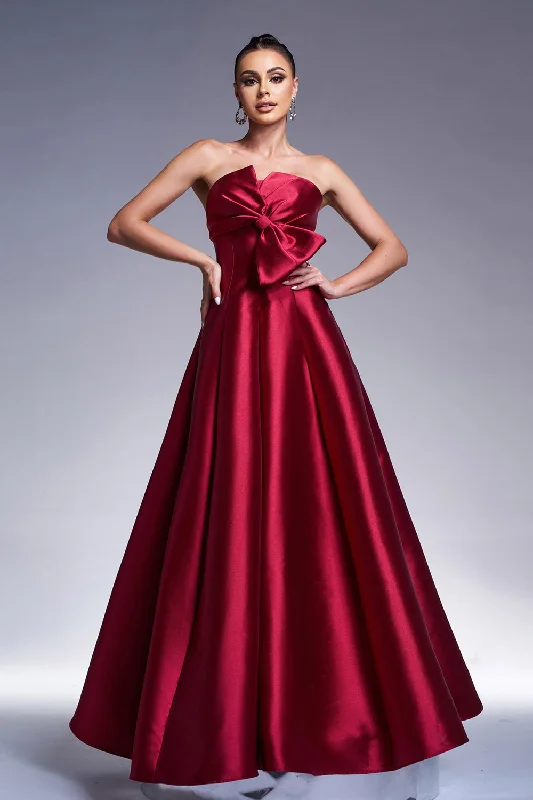 Silk Dresses for Luxurious -Burgundy A-Line Strapless Satin Prom Dress with Bow