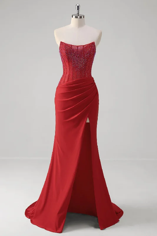 Khaki Dresses for Casual -Sparkly Red Mermaid Corset Strapless Long Prom Dress With Slit