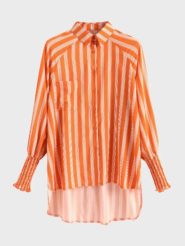 Detachable Blouses with Parts -Midsize Lapel Striped Elastic Cuffs Long Sleeve Shirt