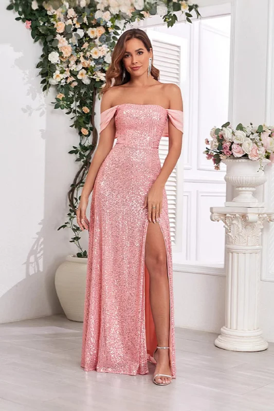 Off-shoulder Dresses for Feminine -Pink A Line Off the Shoulder Sequin Long Prom Dress with Slit