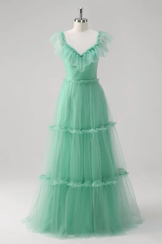 Floral Dresses for Romantic -Green A Line V-Neck Tiered Tulle Bridesmaid Dress