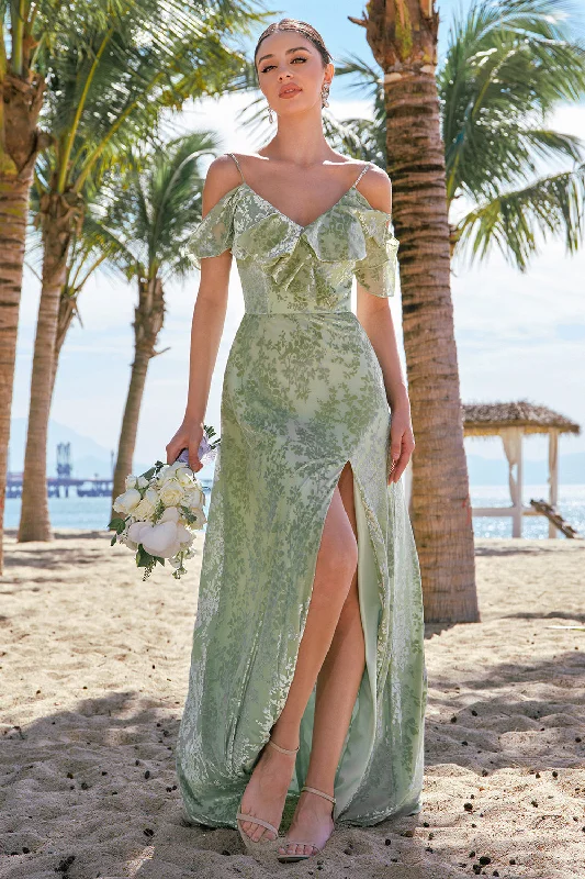 African Dresses with Culture -A Line Cold Shoulder Jacquard Dusty Sage Bridesmaid Dress with Slit