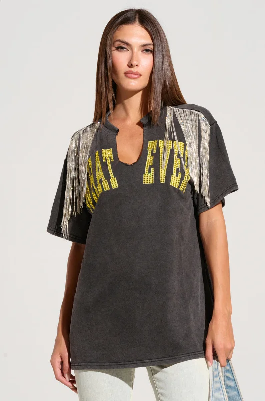 Sheer Blouses for Alluring -WHATEVER BABES RHINESTONE FRINGE TSHIRT IN GREY