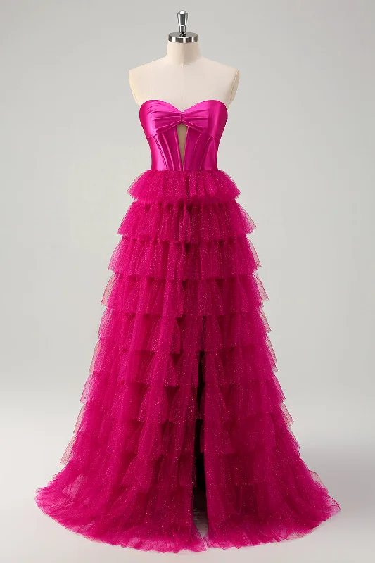 Christmas Dresses for Holiday -Cute Fuchsia Sweetheart Keyhole Tiered Tulle Long Princess Prom Dresses with Slit