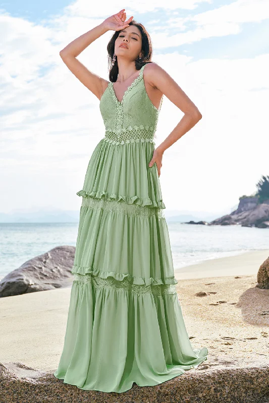 Christmas Dresses for Holiday -Green A Line Ruffled Floral Long Bridesmaid Dress with Lace