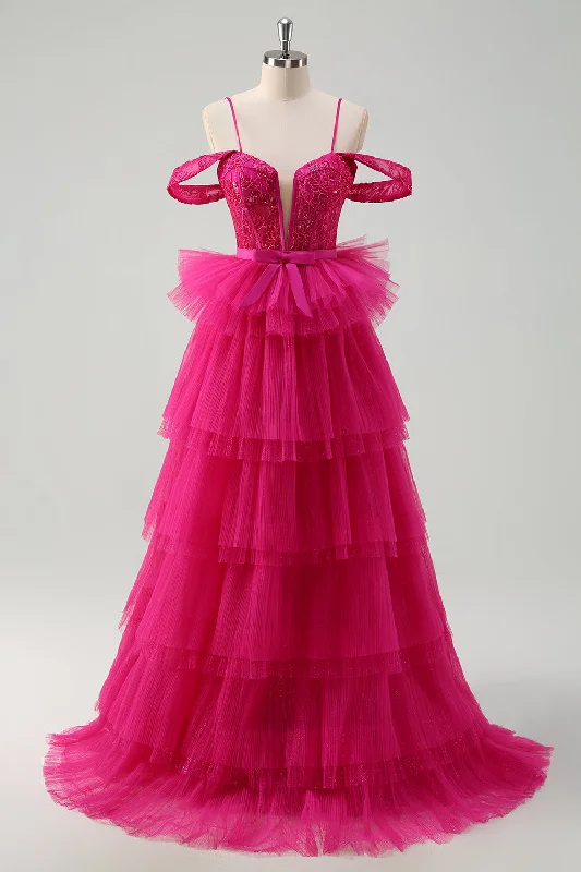 Pencil Dresses for Slimming -Hot Pink Cold Shoulder A-Line Tulle Tiered Long Prom Dress with Appliques