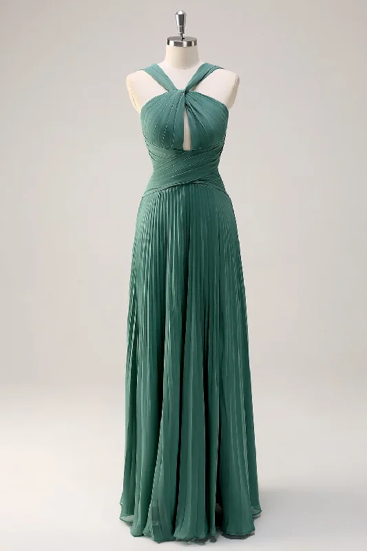 Maximalist Dresses for Bling -Eucalyptus A Line Halter Neck Chiffon Pleated Long Bridesmaid Dress