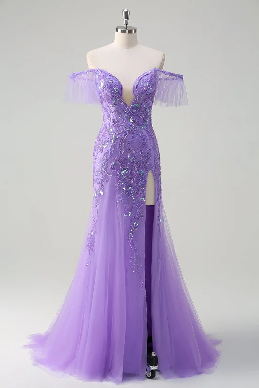 Studded Dresses for Statement -Sparkly Purple Tulle Mermaid Off the Shoulder Sequin Prom Dress with Slit