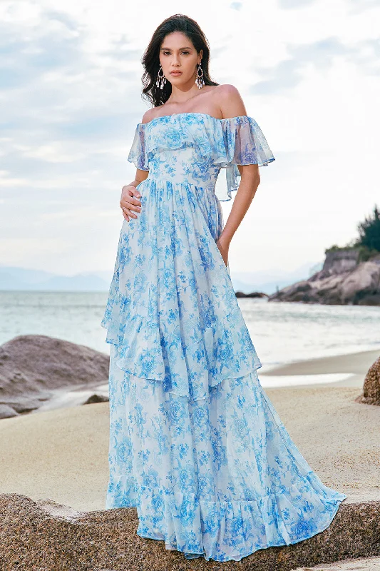 Hippie Dresses with Beads -Off The Shoulder White Blue Floral Boho Bridesmaid Dress with Ruffles