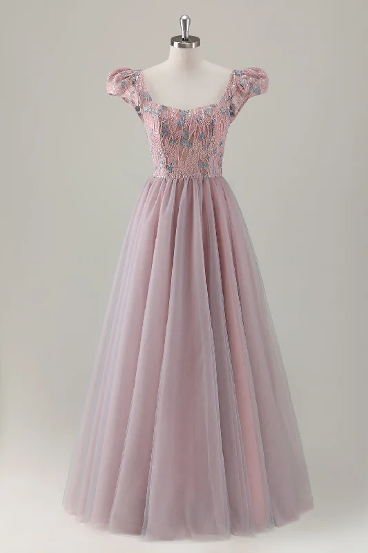 Orange Dresses for Energetic -Grey Pink Floral A-Line Long Prom Dress with Short Sleeves