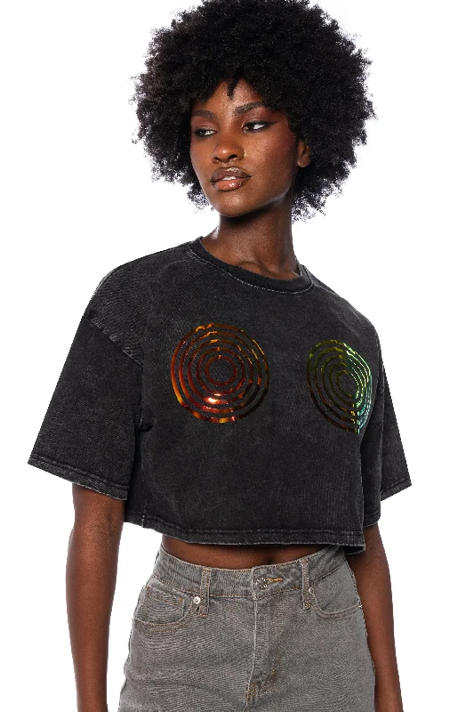 One Shoulder Blouses for Trendy -BETTER TOGETHER METALLIC PATCH GRAPHIC TSHIRT