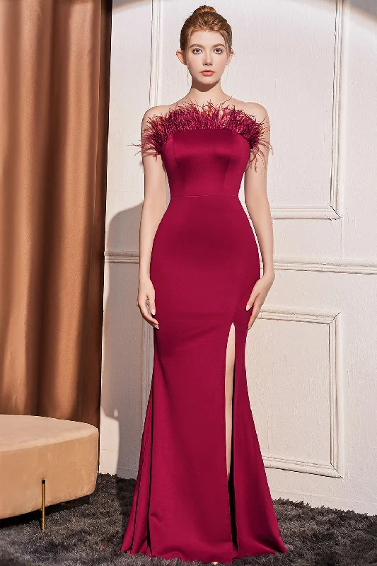 A-line Dresses for Flattering -Mermaid Strapless Burgundy Prom Dress with Feathers