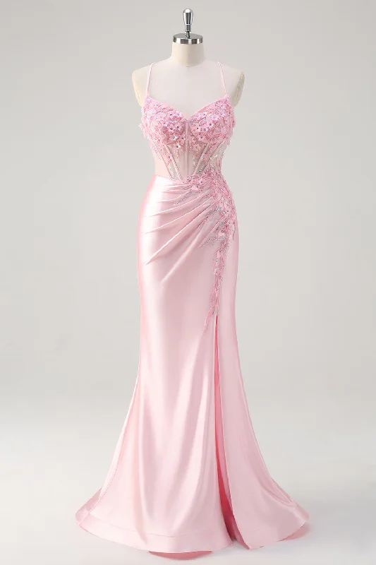 Contemporary Dresses for Fashion -Pink Mermaid Corset Floral Prom Dress with Slit