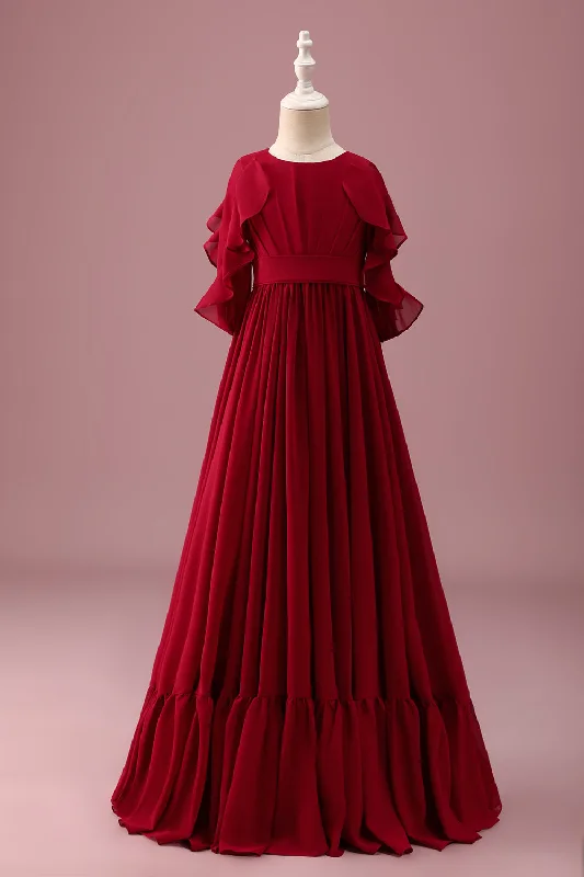 Tie-up Dresses for Decorative -Burgundy A-Line Round Neck Chiffon Half Sleeves Long Junior Bridesmaid Dress