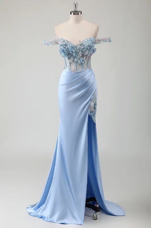 Off-shoulder Dresses for Feminine -Sky Blue Mermaid Off The Shoulder Corset Long Prom Dress With Slit