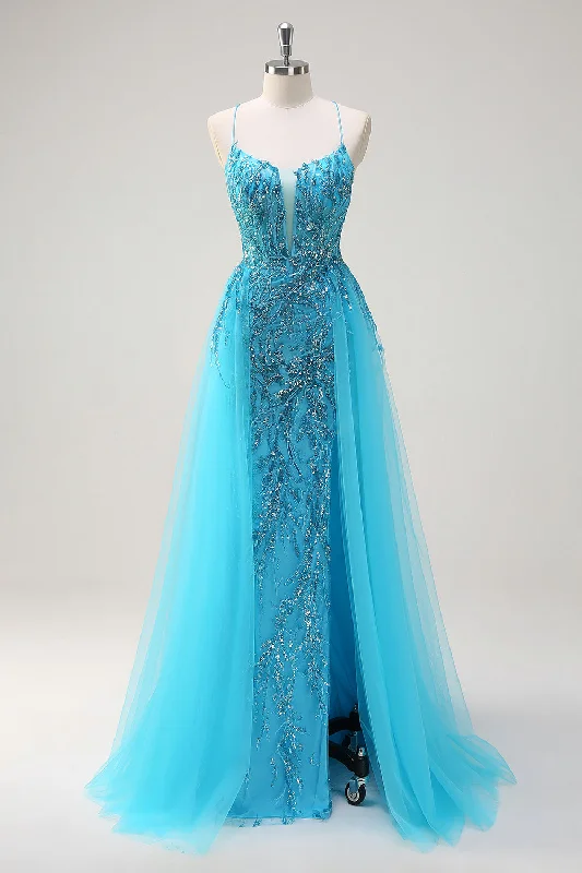 Cotton Dresses for Comfort -Sparkly Blue Spaghetti Straps Sequin Long Prom Dress with Side Cape