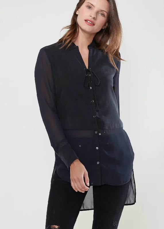 Denim Shirts for Stylish -Women's Mesh Contrast Button Up Shirt In Black