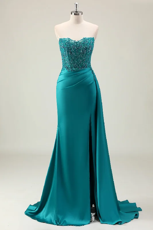 Tie-up Dresses for Decorative -Green Sheath Sweetheart Corset Beaded Long Prom Dress with Appliqued Lace