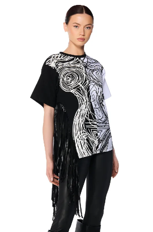 Green Blouses for Nature -ABSTRACT FRINGE DETAIL OVERSIZED T SHIRT