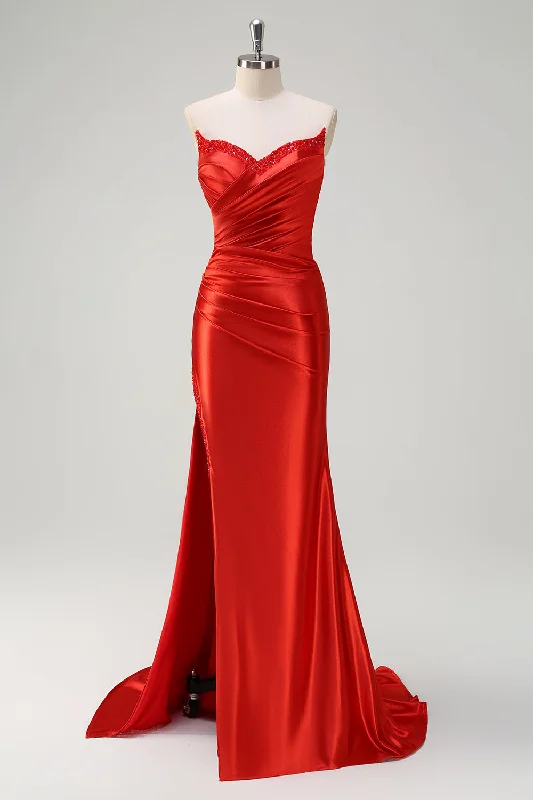 Khaki Dresses for Casual -Red Mermaid Satin Strapless Pleated Sequin Long Prom Dress with Slit