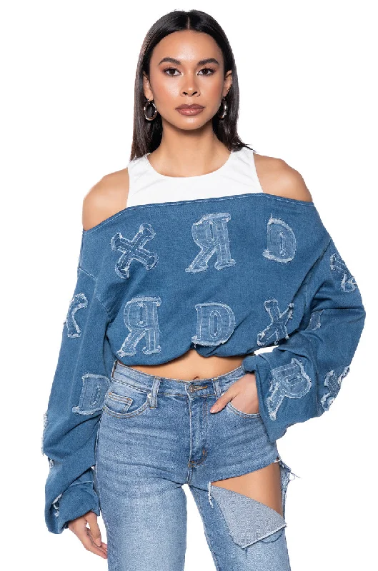 Modern Blouses for Trendy -BE YOURSELF DENIM OFF THE SHOULDER SWEATSHIRT