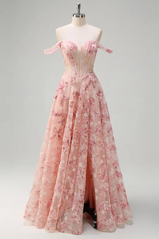 Low-waisted Dresses for Relaxed -Pink Floral Off The Shoulder A-Line Corset Prom Dress with Slit