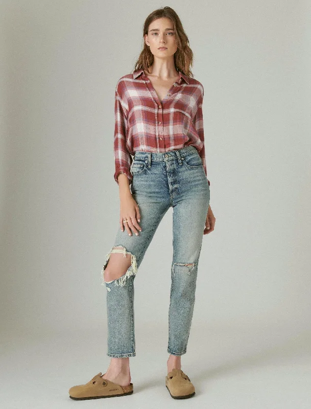 Tight trousers for women with belt loops and classic design for versatile look -Lucky Brand Women's High Rise Drew Mom Jean